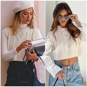 PRINCESS POLLY Carey Chunky Cable Knit Cropped Sweater Vest Beige XS-S